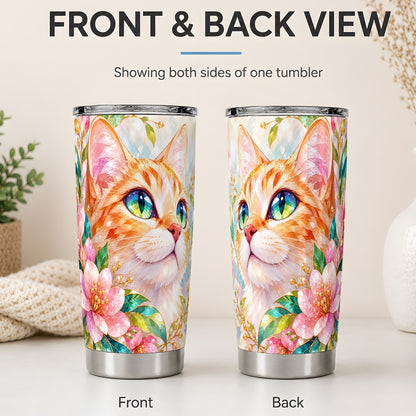 #pl[20oz|Steel] Orange Cat Floral 20oz Tumbler, Pink Blossom Artwork for Cat Lovers