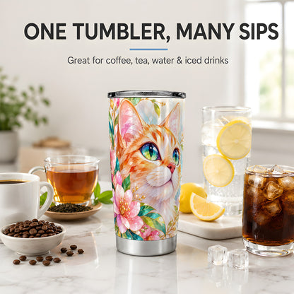 Orange Cat Floral 20oz Tumbler, Pink Blossom Artwork for Cat Lovers