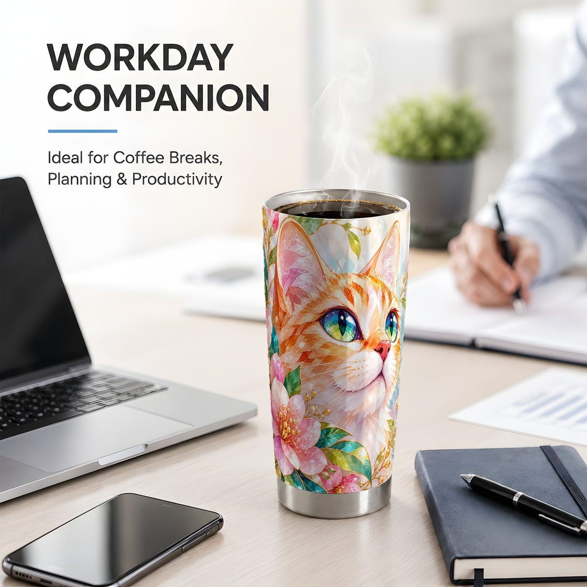Orange Cat Floral 20oz Tumbler, Pink Blossom Artwork for Cat Lovers