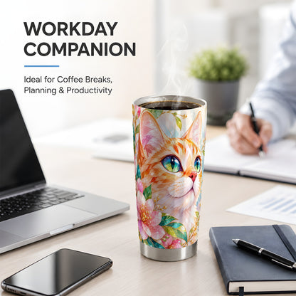 Orange Cat Floral 20oz Tumbler, Pink Blossom Artwork for Cat Lovers
