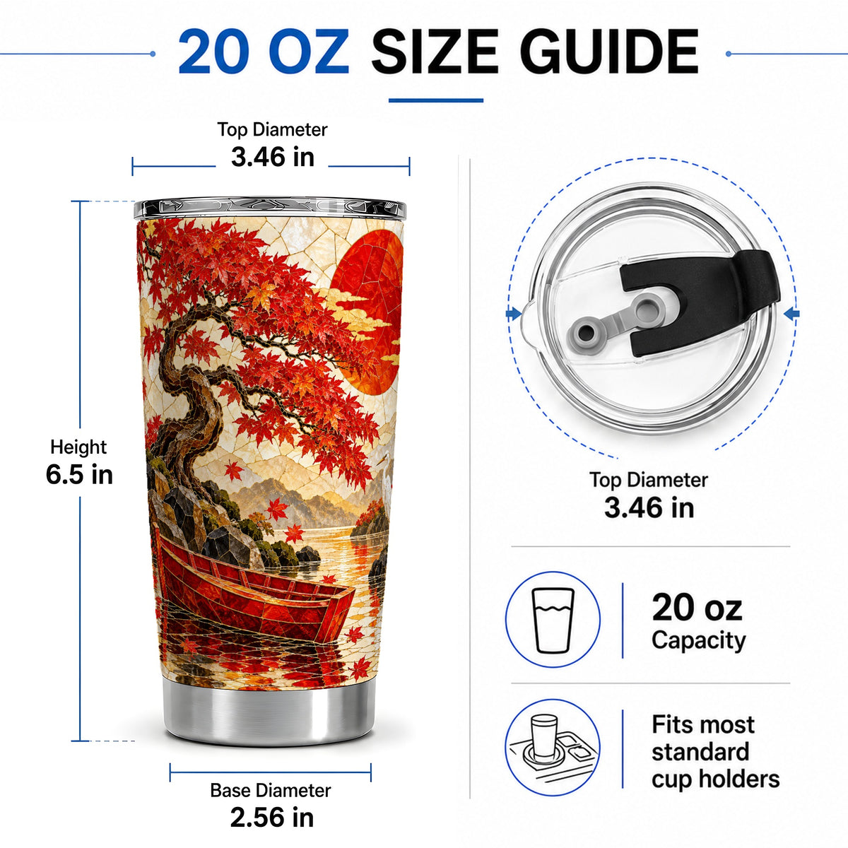 #pl[20oz|Steel] Japanese Autumn Maple Tumbler, 20oz Scenic Art Drinkware with Crane