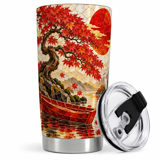 Japanese Autumn Maple Tumbler, 20oz Scenic Art Drinkware with Crane
