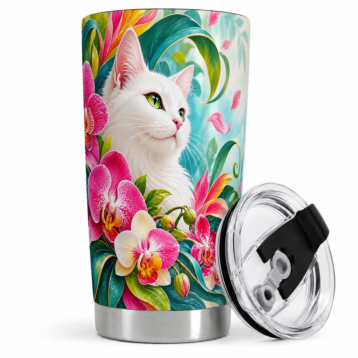 Tropical White Cat Tumbler, 20oz Orchid Art Drinkware with Green Leaves