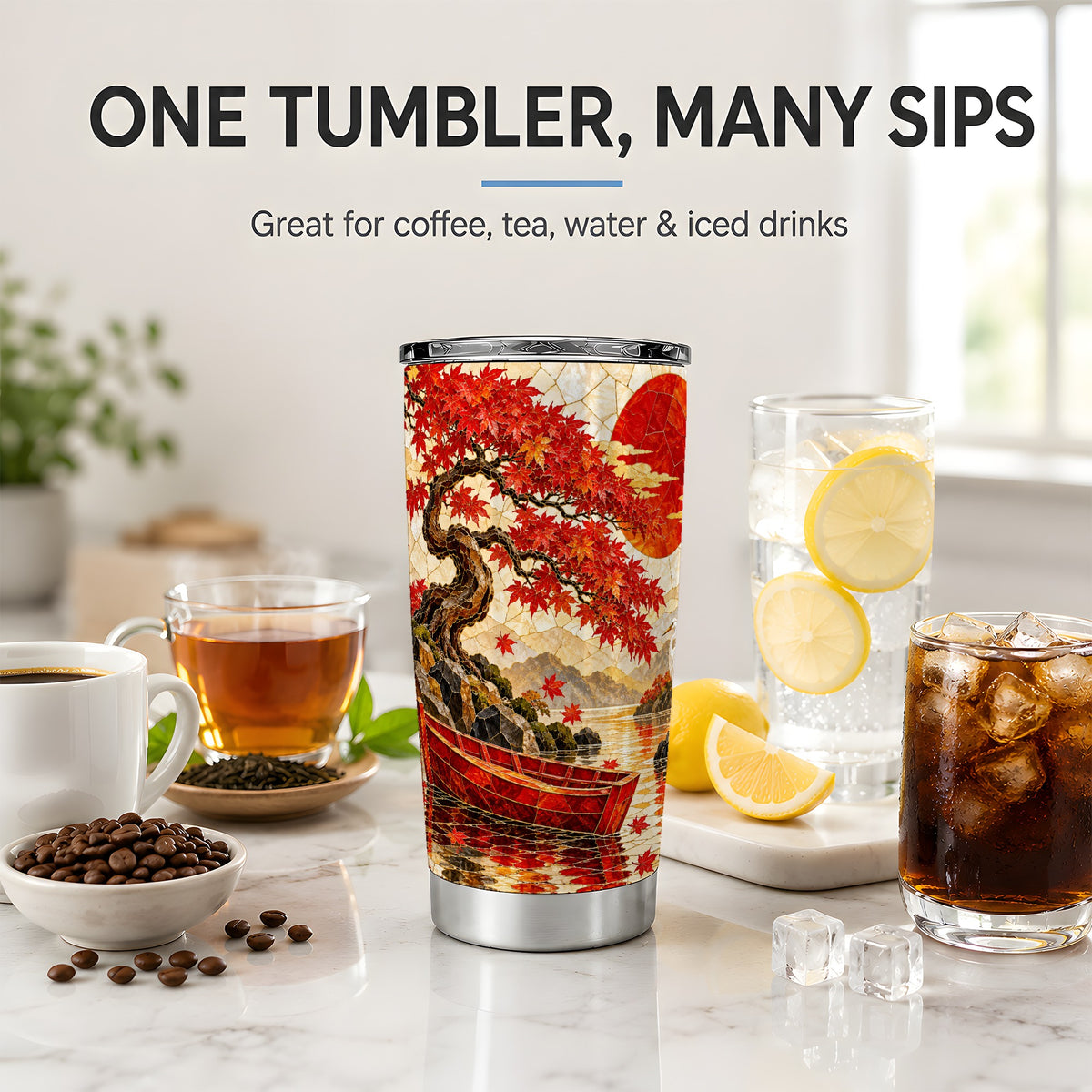 Japanese Autumn Maple Tumbler, 20oz Scenic Art Drinkware with Crane