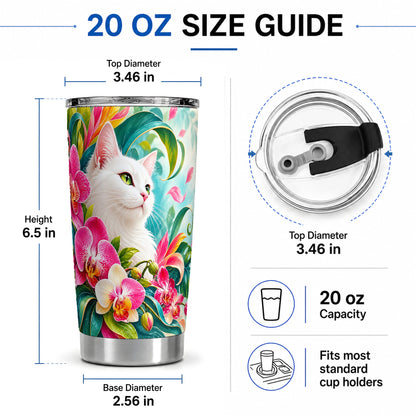 #pl[20oz|Steel] Tropical White Cat Tumbler, 20oz Orchid Art Drinkware with Green Leaves