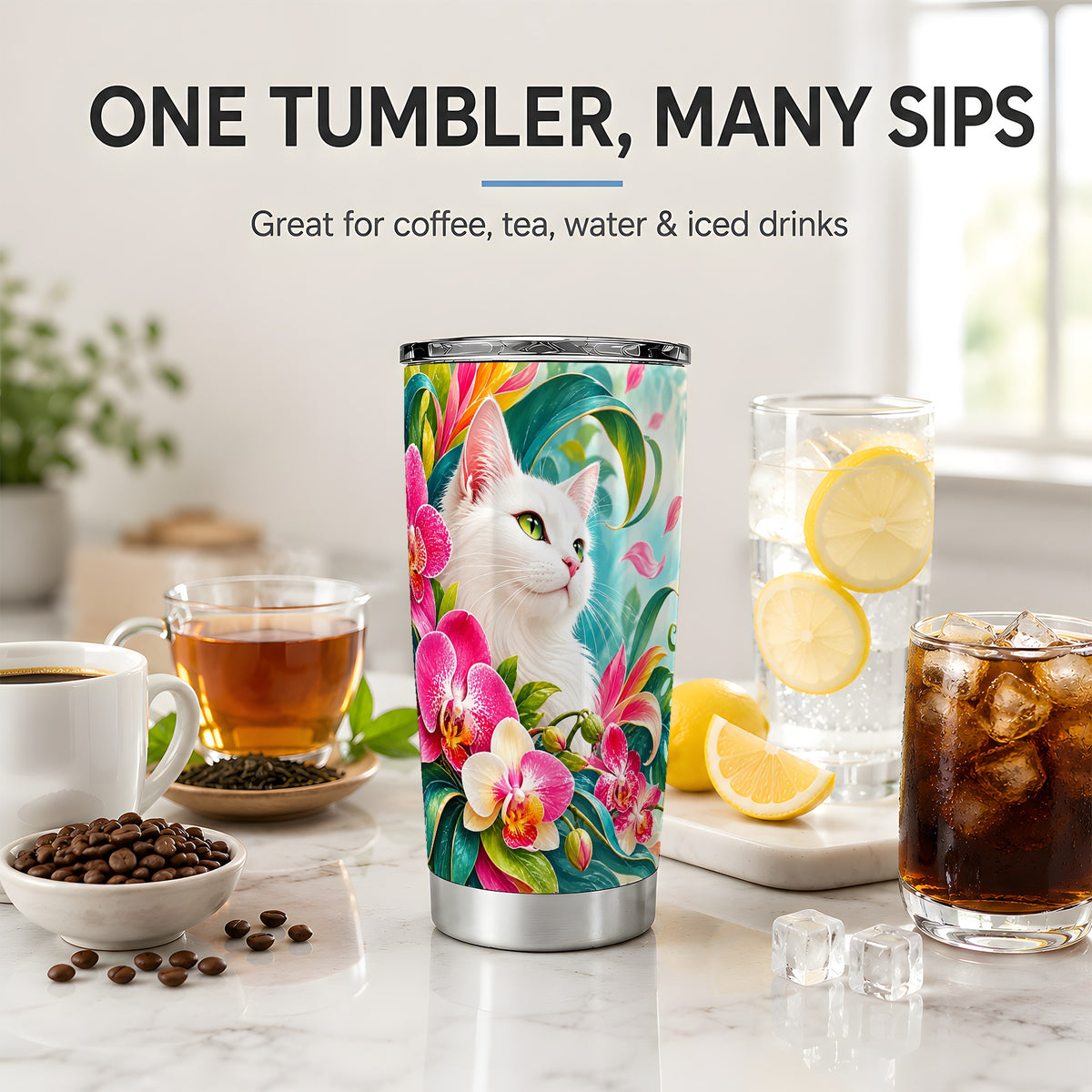Tropical White Cat Tumbler, 20oz Orchid Art Drinkware with Green Leaves