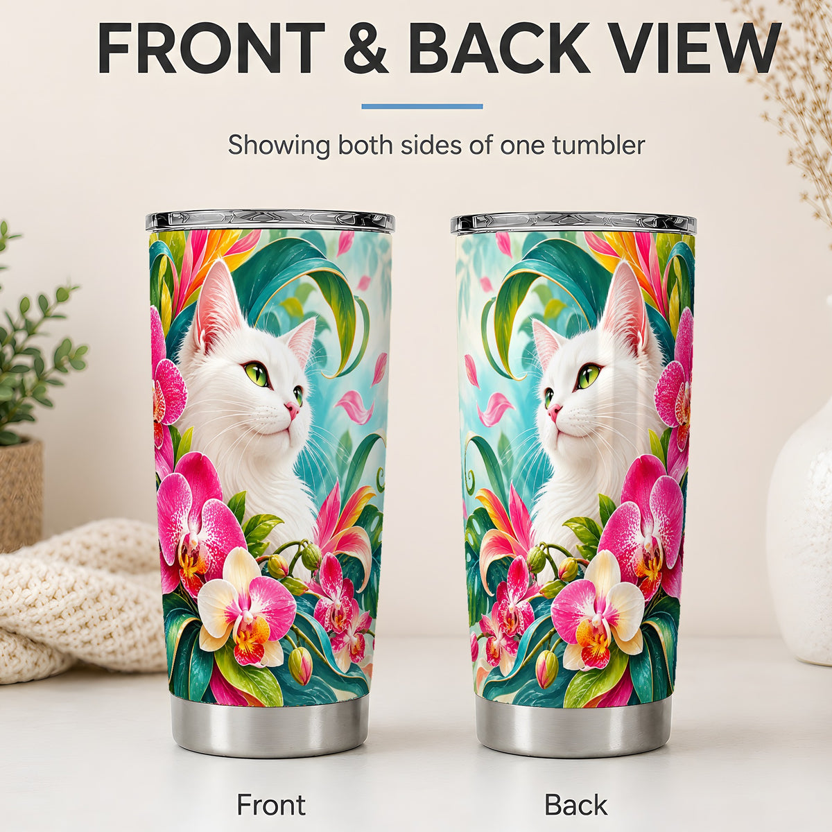 #pl[20oz|Steel] Tropical White Cat Tumbler, 20oz Orchid Art Drinkware with Green Leaves