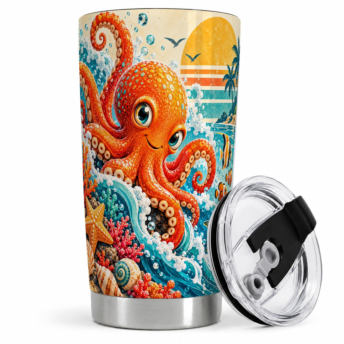 Ocean Octopus Tumbler, 20oz Coastal Art Drinkware with Fish and Waves