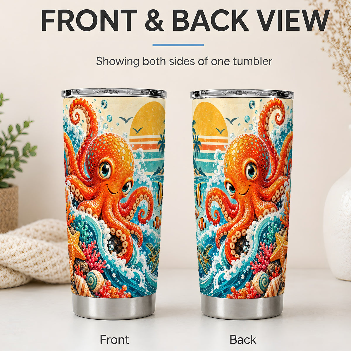 #pl[20oz|Steel] Ocean Octopus Tumbler, 20oz Coastal Art Drinkware with Fish and Waves
