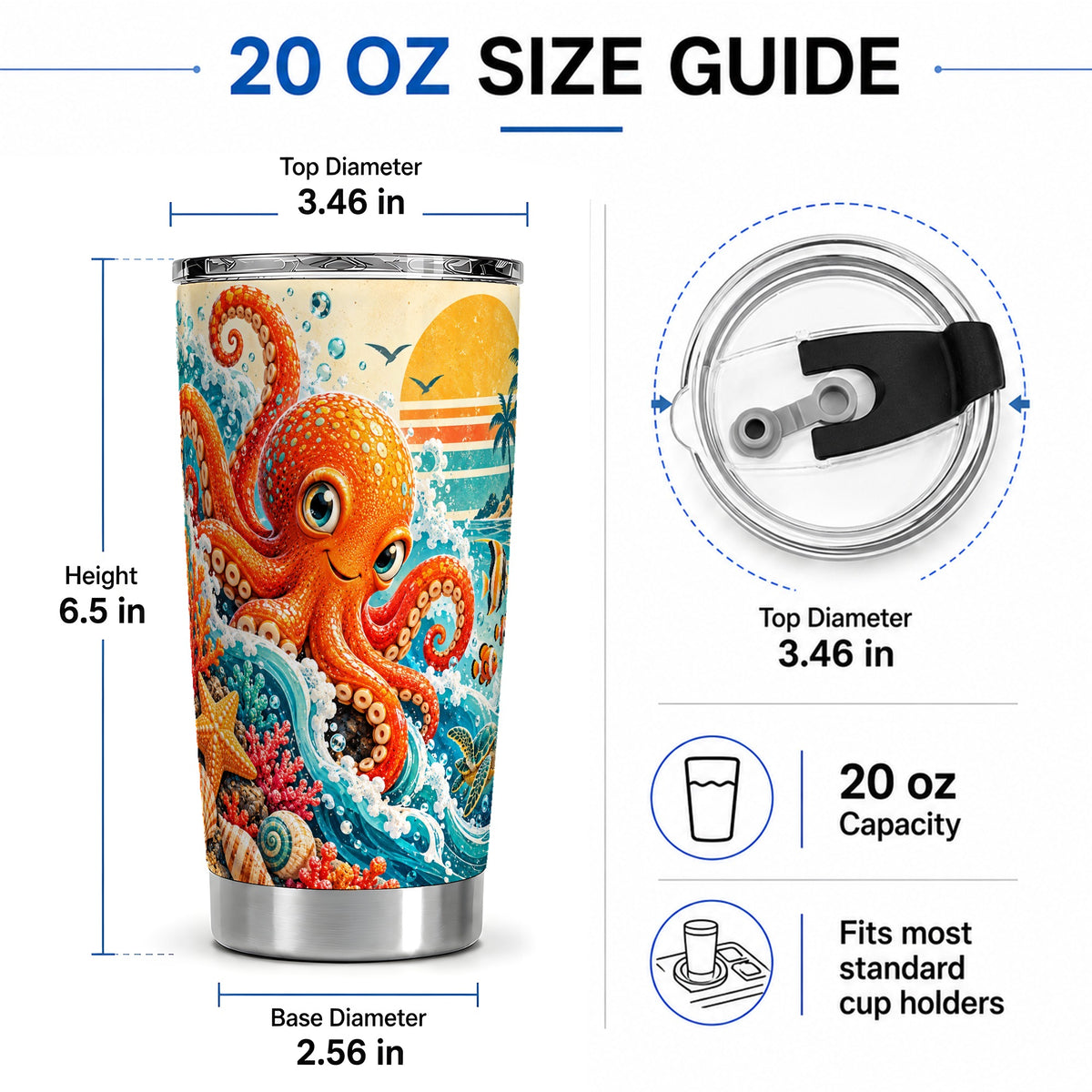 #pl[20oz|Steel] Ocean Octopus Tumbler, 20oz Coastal Art Drinkware with Fish and Waves