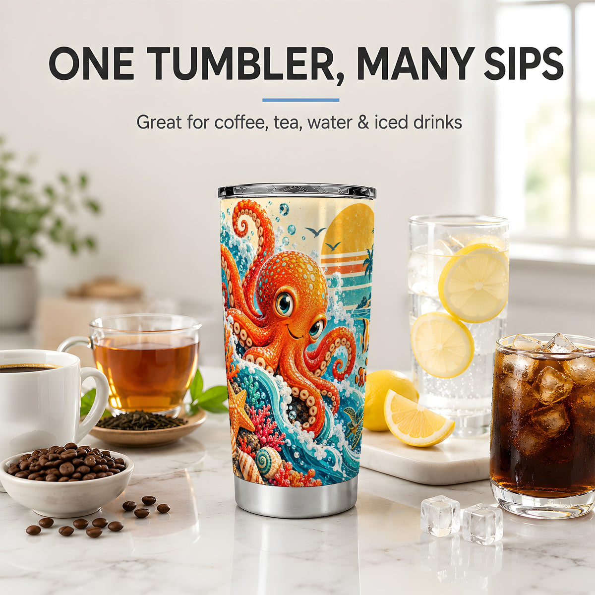 Ocean Octopus Tumbler, 20oz Coastal Art Drinkware with Fish and Waves