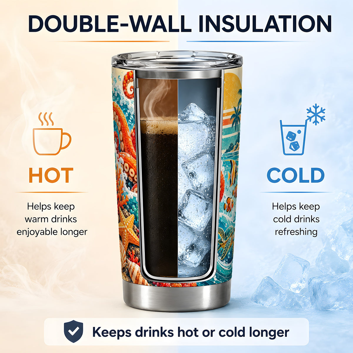 Ocean Octopus Tumbler, 20oz Coastal Art Drinkware with Fish and Waves