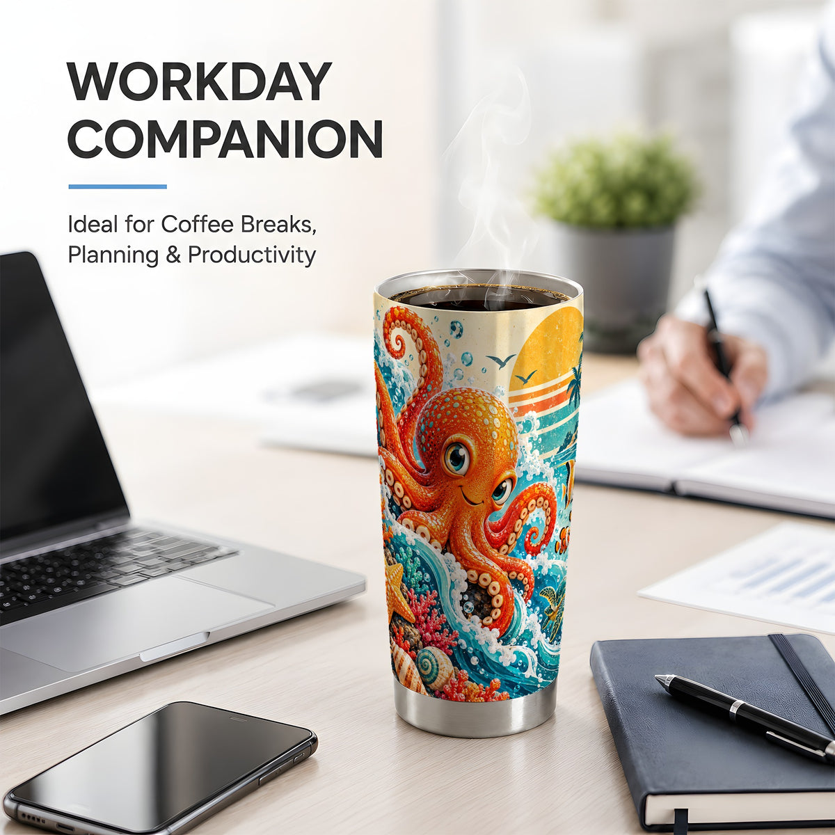 Ocean Octopus Tumbler, 20oz Coastal Art Drinkware with Fish and Waves