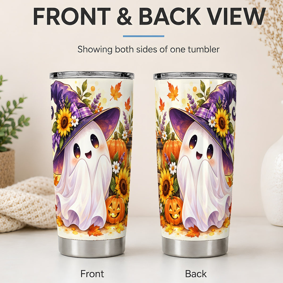 #pl[20oz|Steel] Cute Halloween Ghost Tumbler, 20oz Witch Hat Autumn Art Drinkware