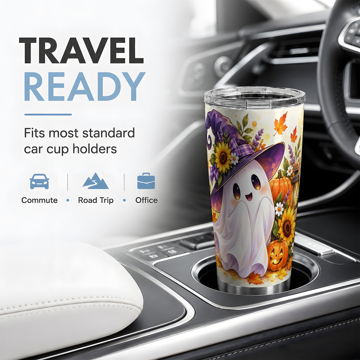 Cute Halloween Ghost Tumbler, 20oz Witch Hat Autumn Art Drinkware