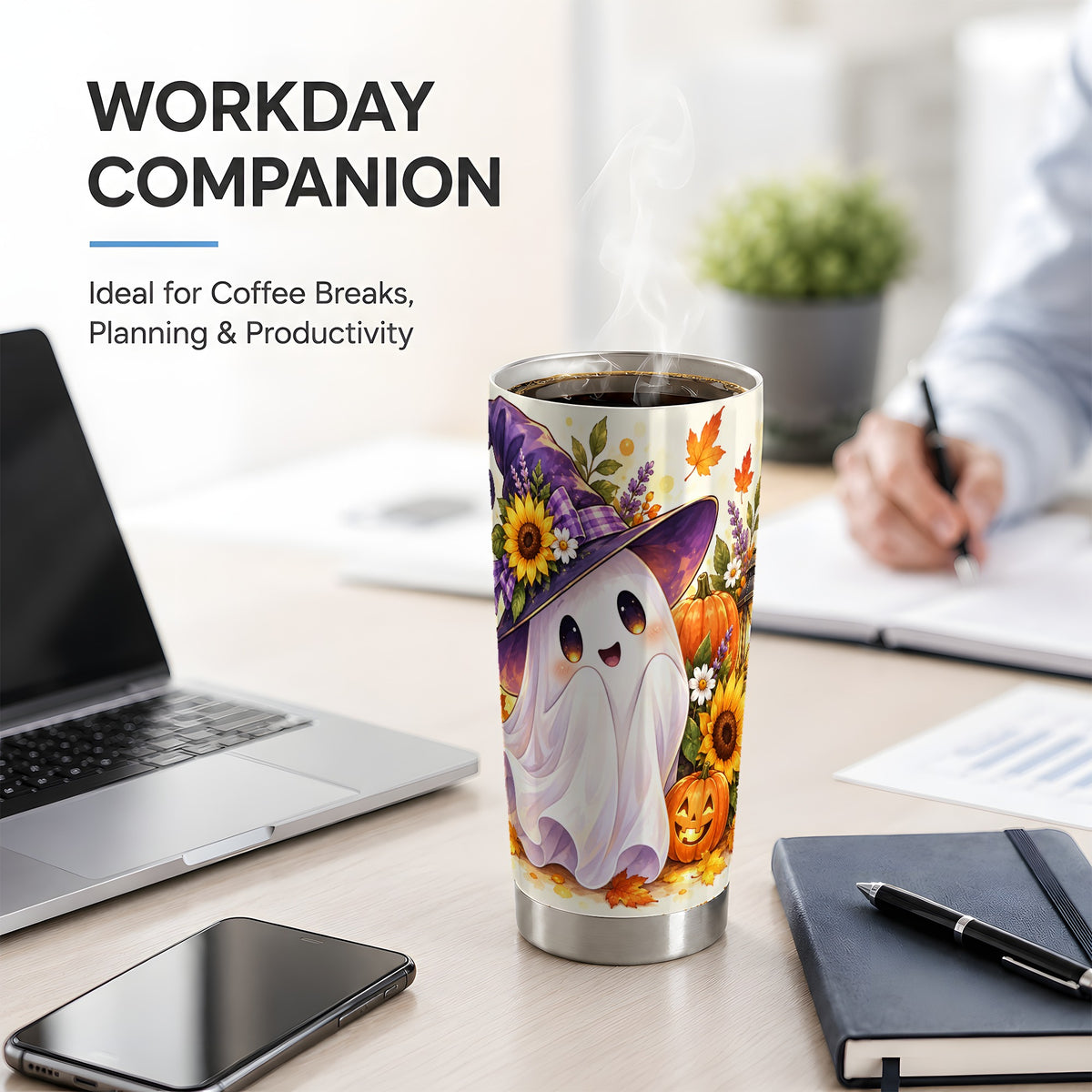 Cute Halloween Ghost Tumbler, 20oz Witch Hat Autumn Art Drinkware