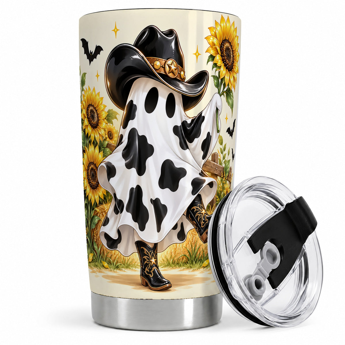 Cowboy Ghost Tumbler, 20oz Western Art Drinkware with Hat and Bats