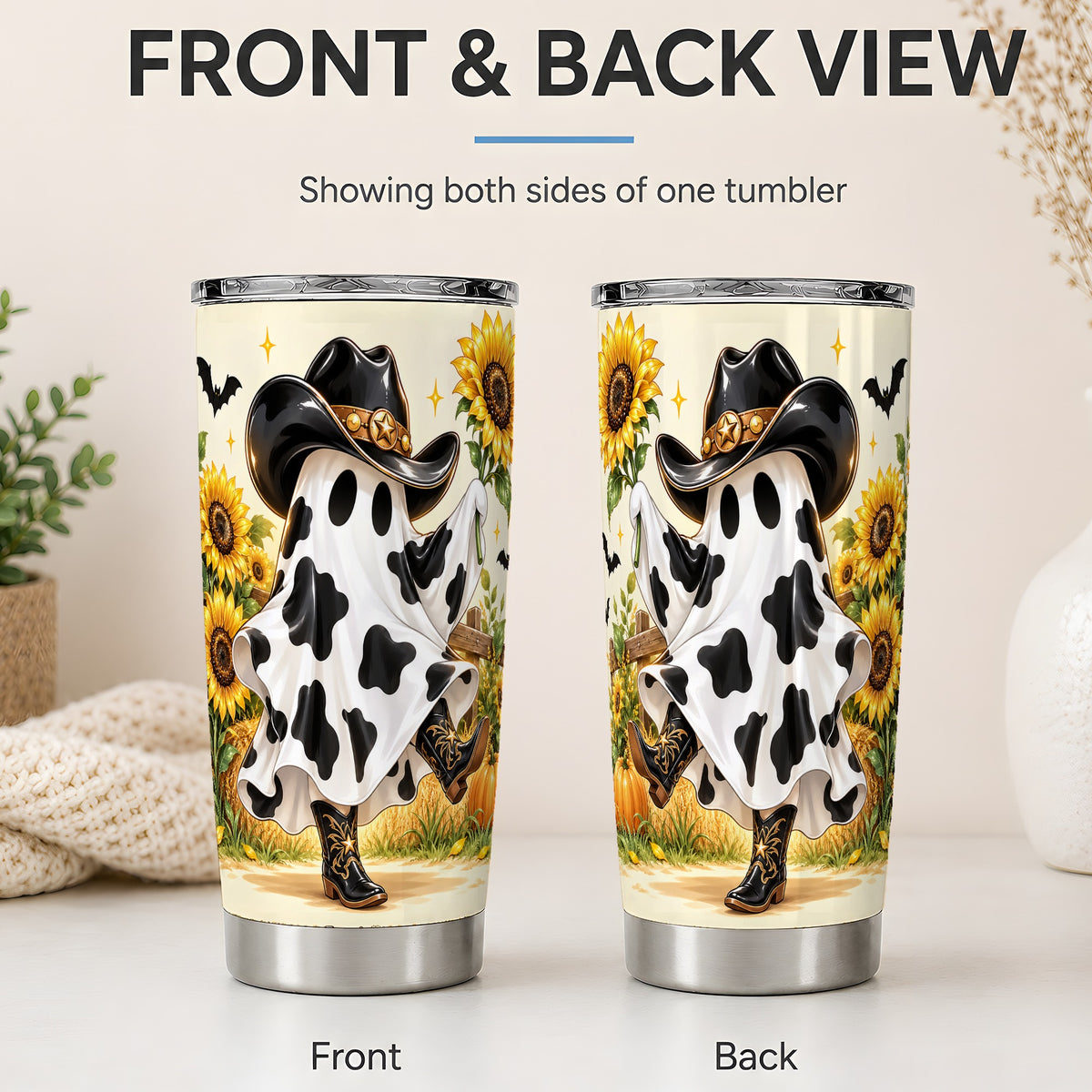 #pl[20oz|Steel] Cowboy Ghost Tumbler, 20oz Western Art Drinkware with Hat and Bats
