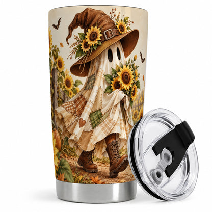 Rustic Sunflower Ghost Tumbler, 20oz Farm Art Drinkware with Pumpkins