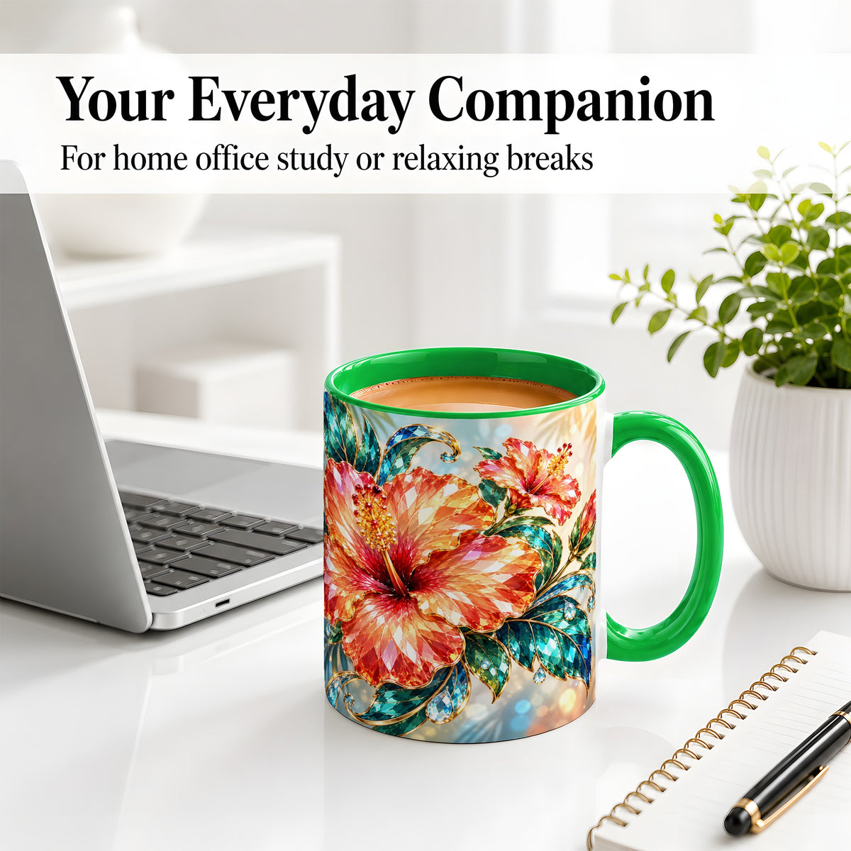 #pl[11oz|Green] Jeweled Hibiscus Tropical Floral Ceramic Mug for Flower Lovers