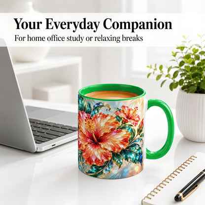 #pl[11oz|Green] Jeweled Hibiscus Tropical Floral Ceramic Mug for Flower Lovers
