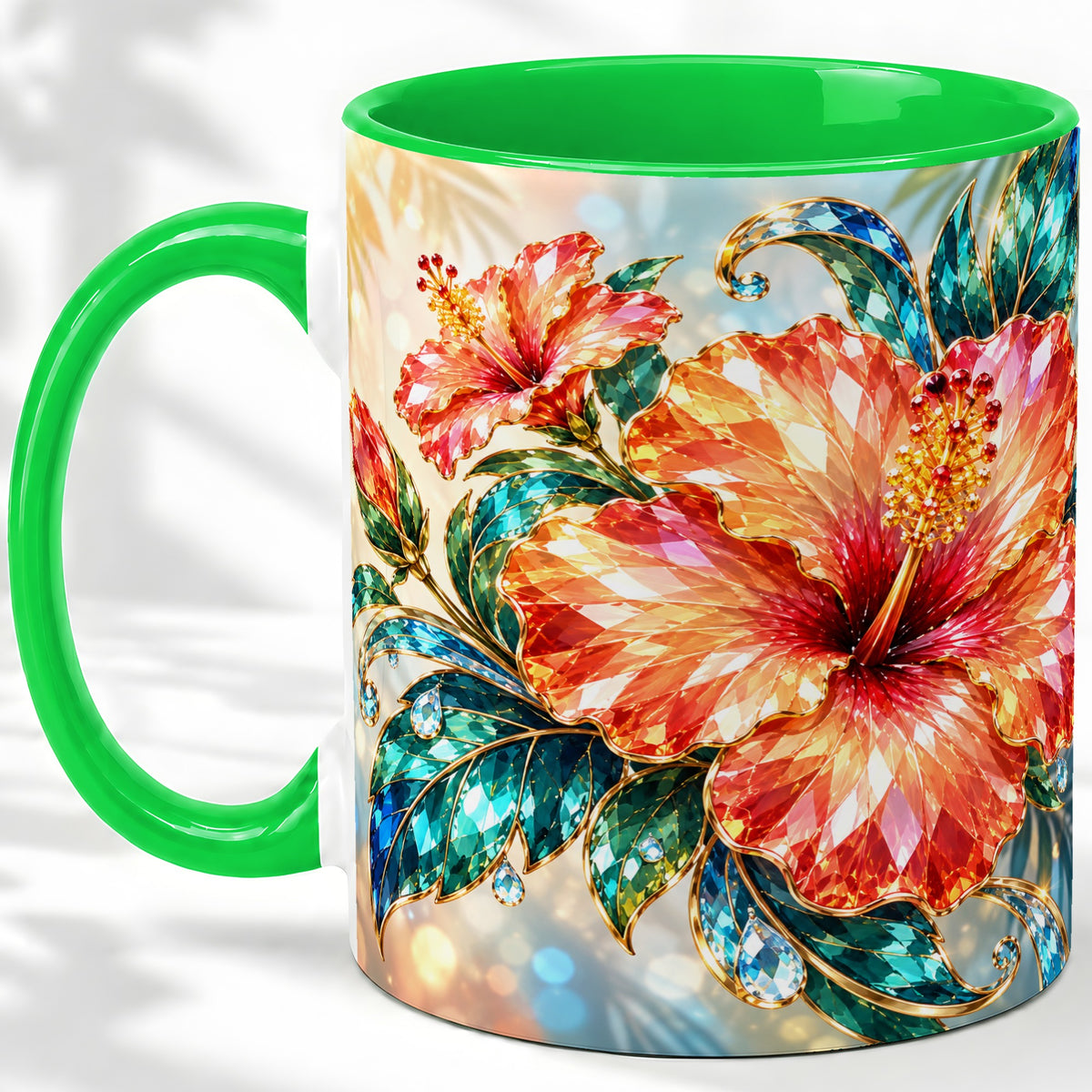 #pl[11oz|Green] Jeweled Hibiscus Tropical Floral Ceramic Mug for Flower Lovers
