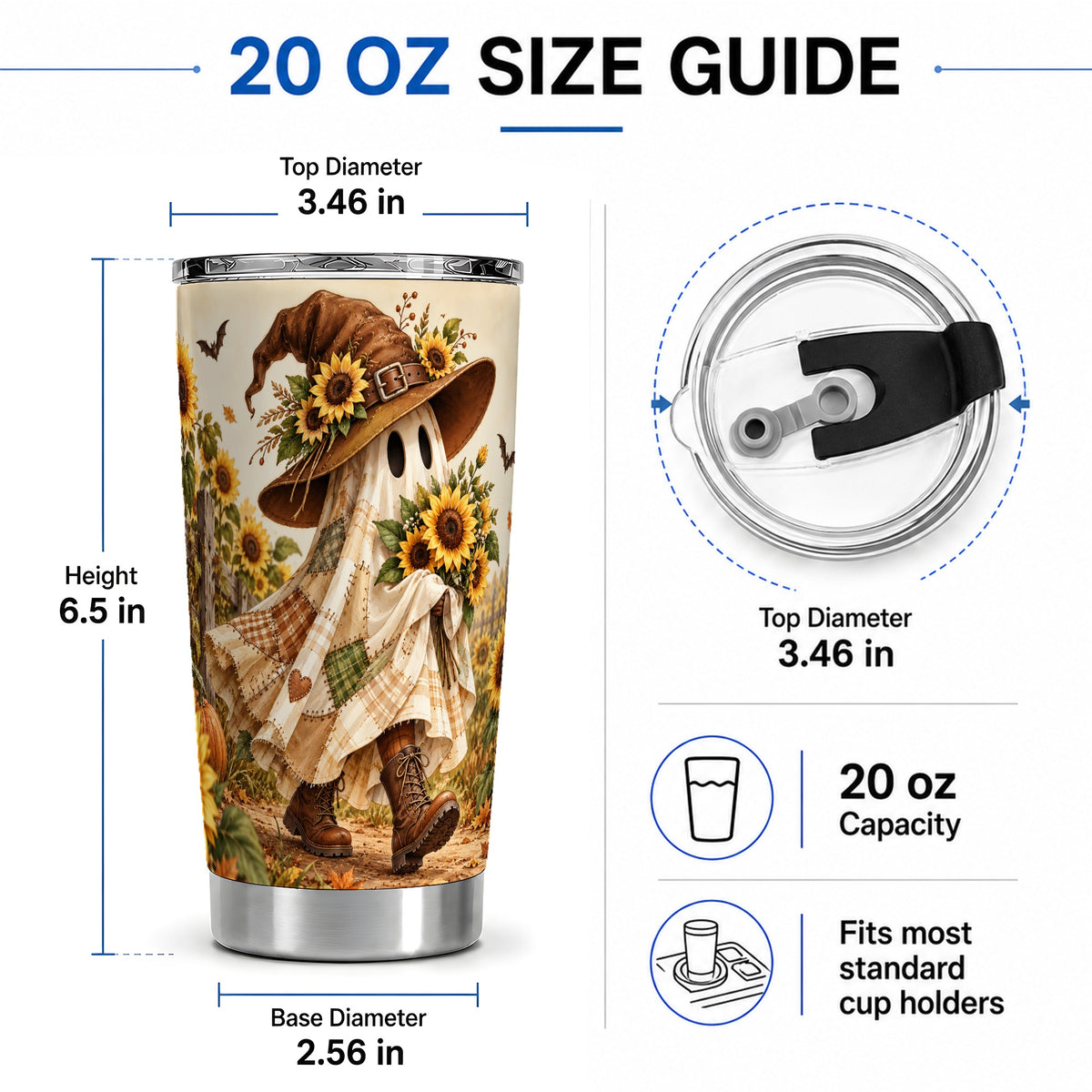 #pl[20oz|Steel] Rustic Sunflower Ghost Tumbler, 20oz Farm Art Drinkware with Pumpkins