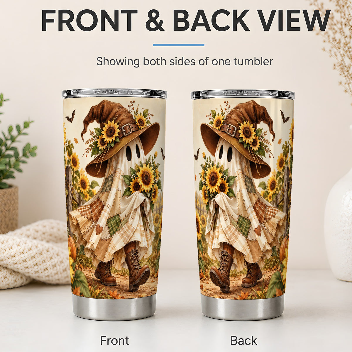 #pl[20oz|Steel] Rustic Sunflower Ghost Tumbler, 20oz Farm Art Drinkware with Pumpkins