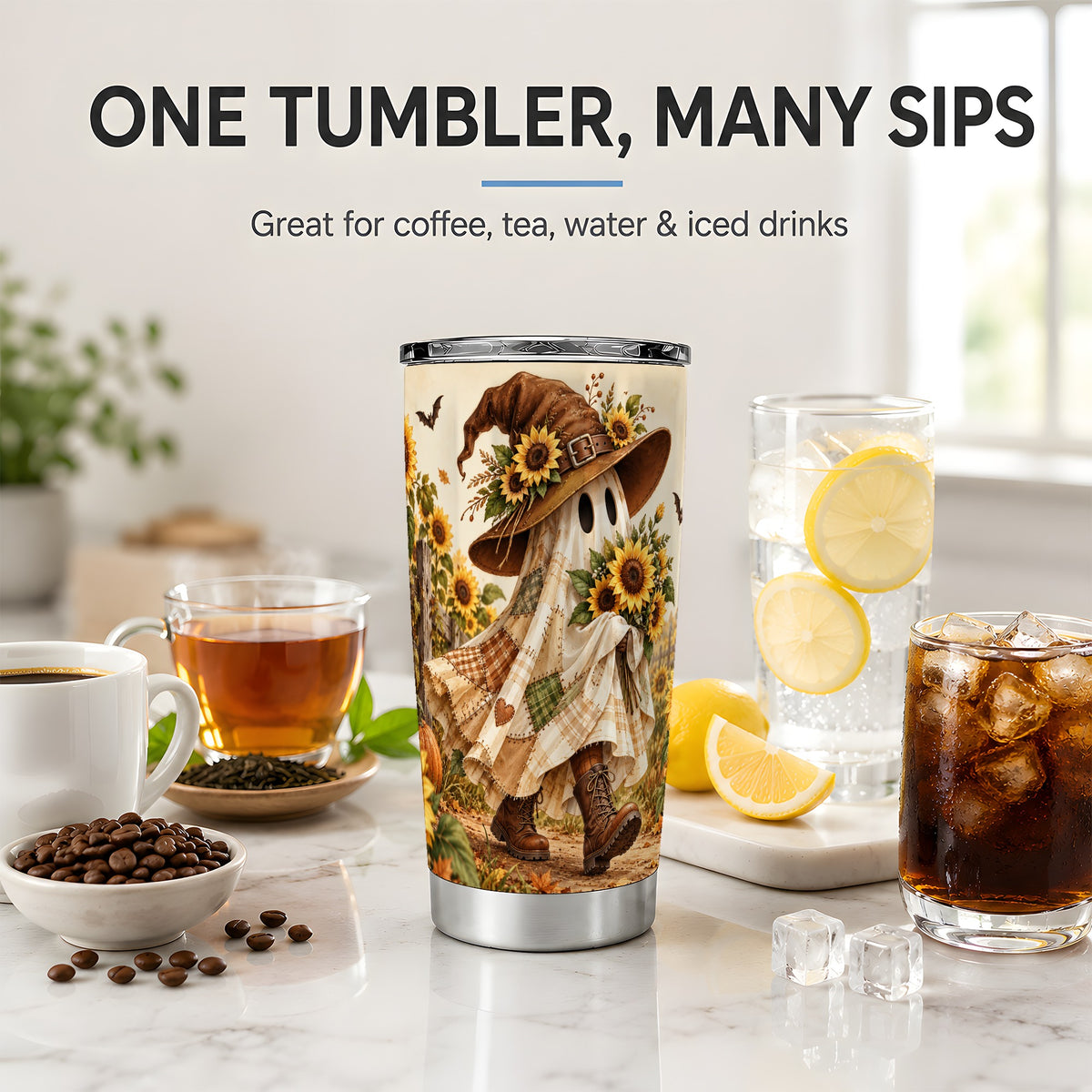 Rustic Sunflower Ghost Tumbler, 20oz Farm Art Drinkware with Pumpkins