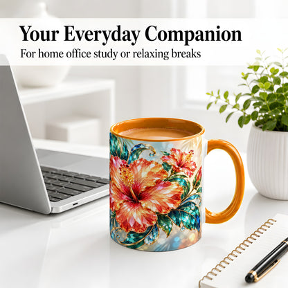 #pl[11oz|Orange] Jeweled Hibiscus Tropical Floral Ceramic Mug for Flower Lovers