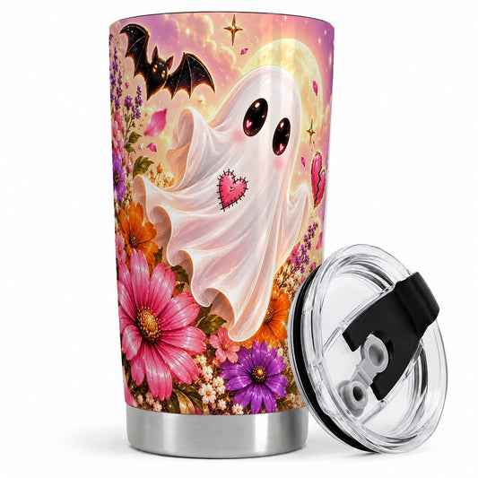 Floral Moon Ghost Tumbler, 20oz Halloween Art Drinkware with Full Moon