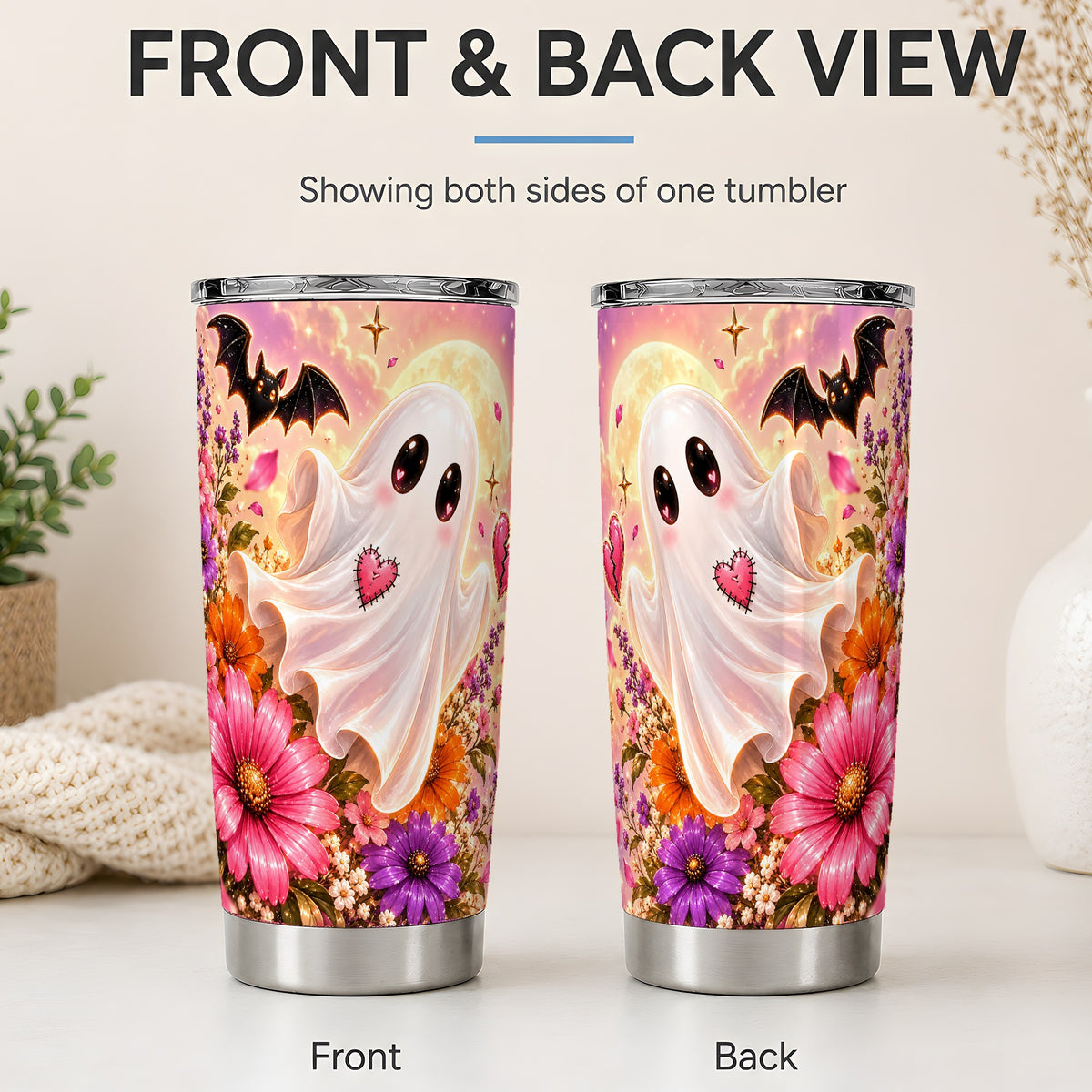 #pl[20oz|Steel] Floral Moon Ghost Tumbler, 20oz Halloween Art Drinkware with Full Moon