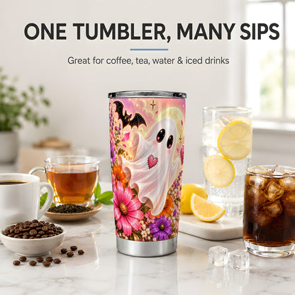 Floral Moon Ghost Tumbler, 20oz Halloween Art Drinkware with Full Moon