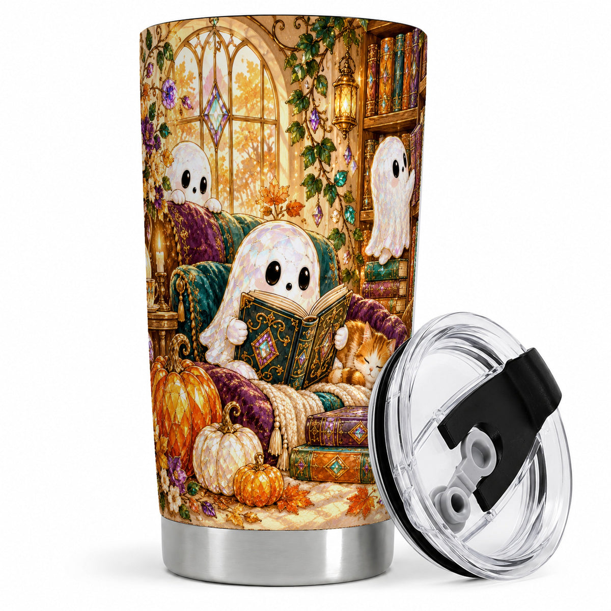 Cozy Ghost Library Tumbler, 20oz Reading Art Drinkware with Books