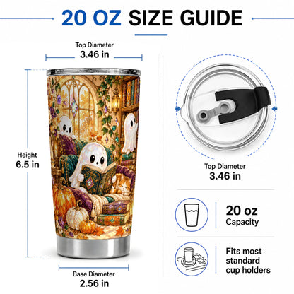 #pl[20oz|Steel] Cozy Ghost Library Tumbler, 20oz Reading Art Drinkware with Books