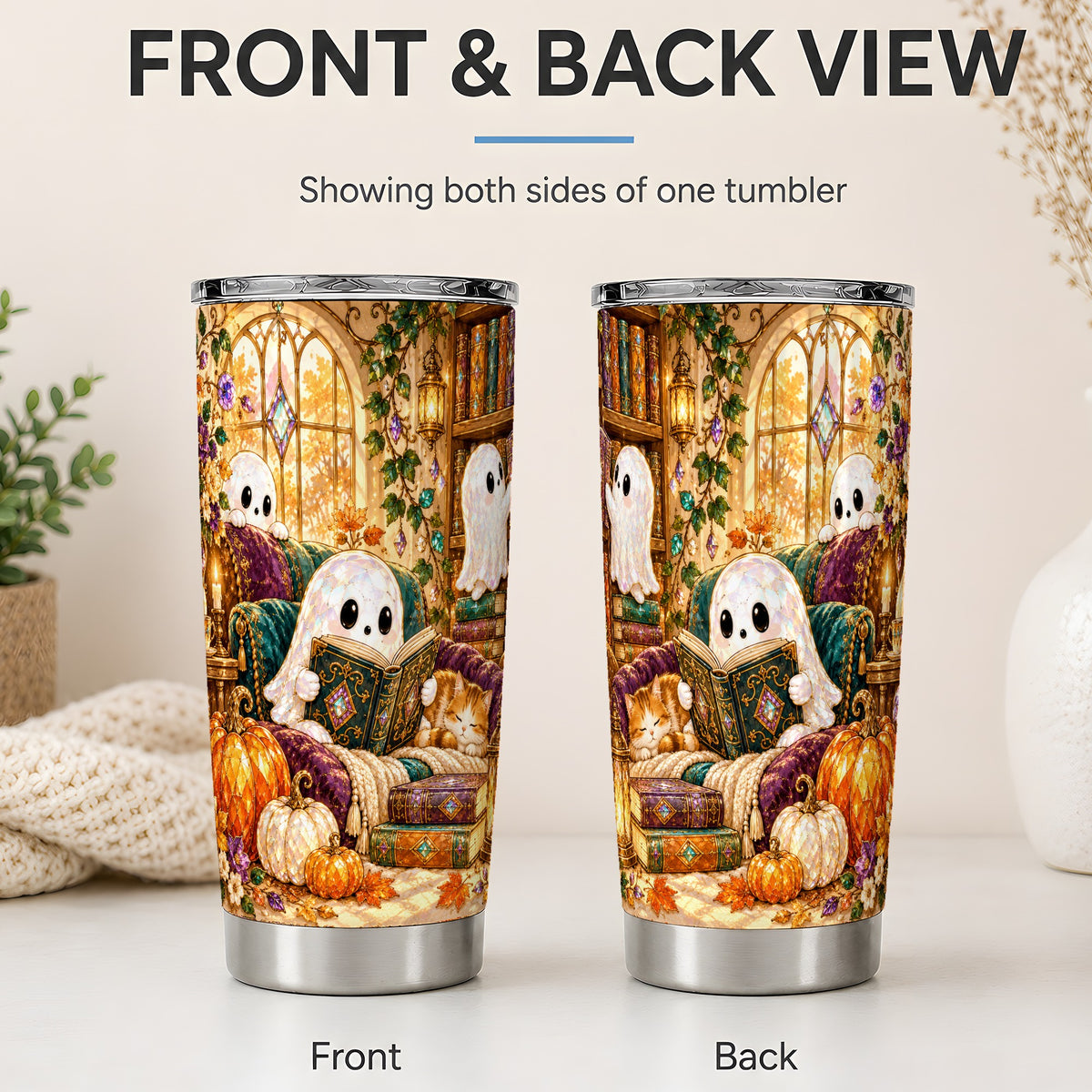 #pl[20oz|Steel] Cozy Ghost Library Tumbler, 20oz Reading Art Drinkware with Books