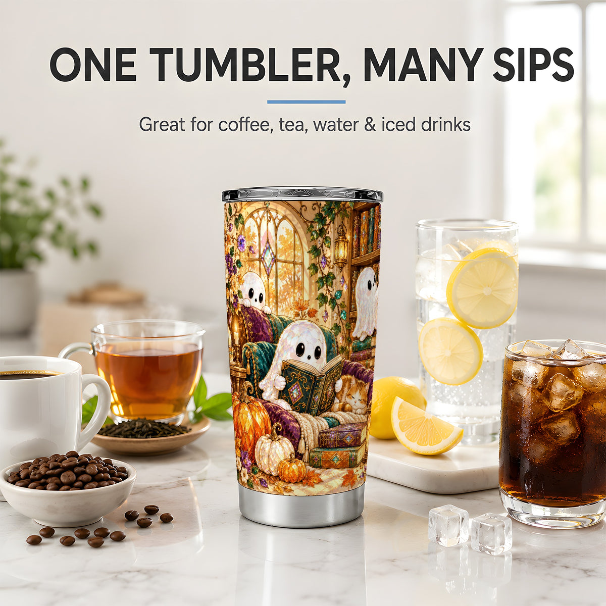 Cozy Ghost Library Tumbler, 20oz Reading Art Drinkware with Books