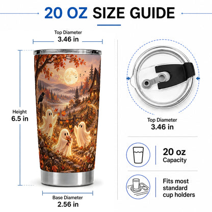 #pl[20oz|Steel] Autumn Cottage Ghost Tumbler, 20oz Moonlit Art Drinkware with Ravens