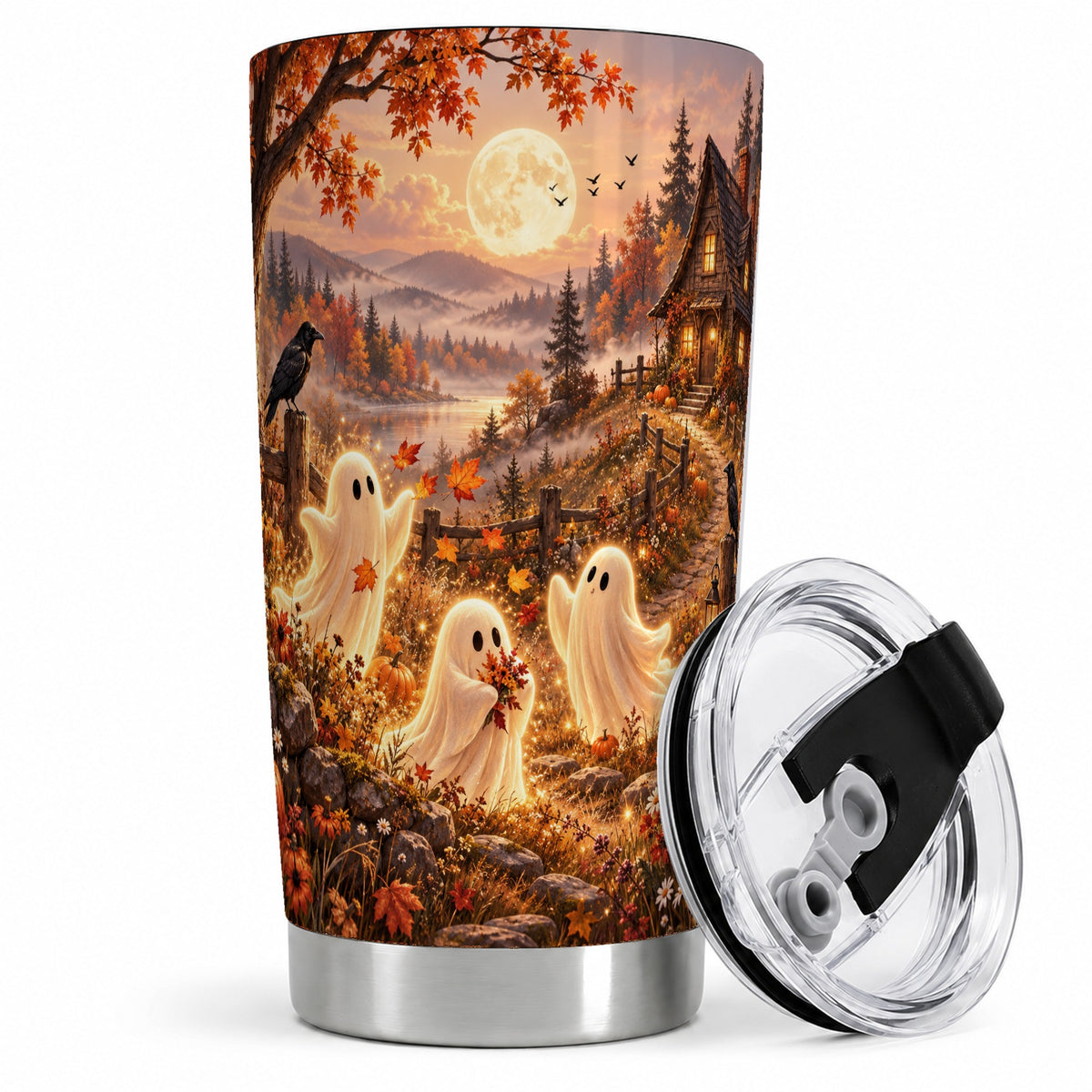 Autumn Cottage Ghost Tumbler, 20oz Moonlit Art Drinkware with Ravens
