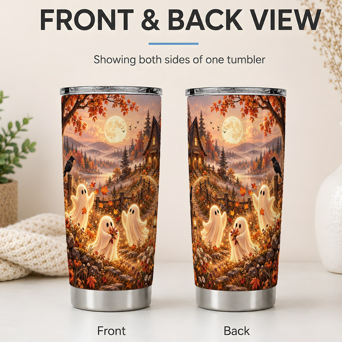 #pl[20oz|Steel] Autumn Cottage Ghost Tumbler, 20oz Moonlit Art Drinkware with Ravens