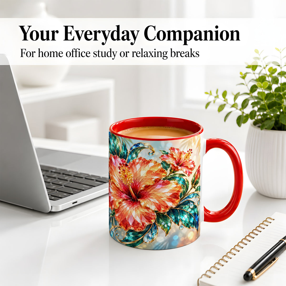 #pl[11oz|Red] Jeweled Hibiscus Tropical Floral Ceramic Mug for Flower Lovers