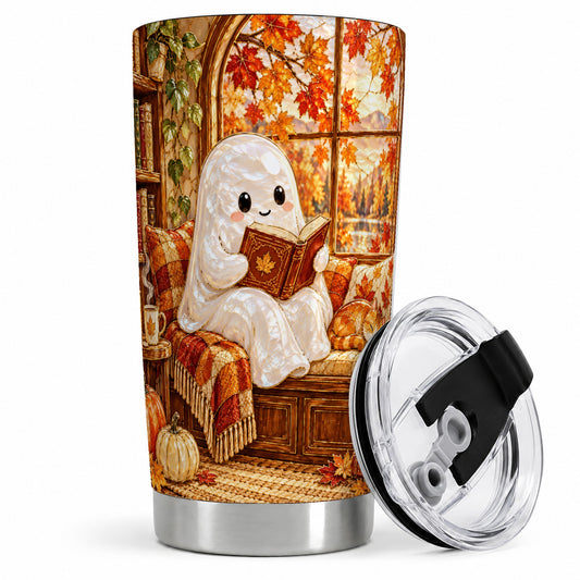 Autumn Reading Ghost 20oz Tumbler, Cozy Fall Book Nook Artwork