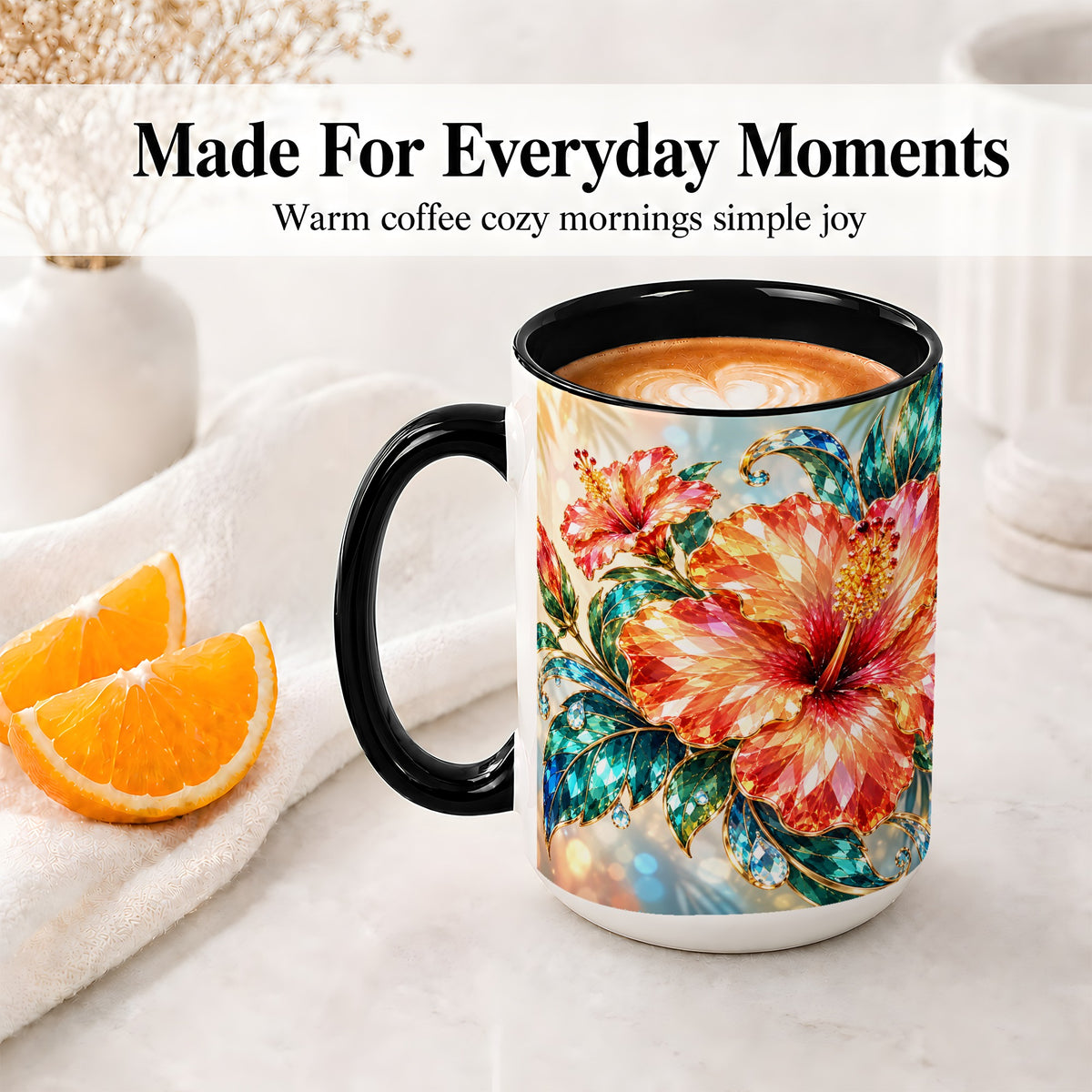 #pl[15oz|Black] Jeweled Hibiscus Tropical Floral Ceramic Mug for Flower Lovers