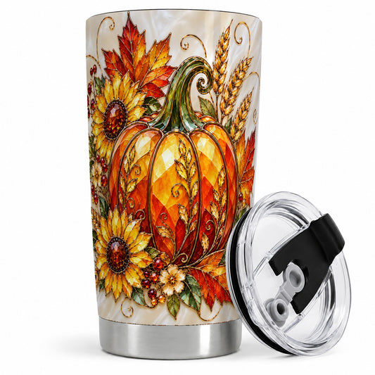 Autumn Pumpkin Sunflower 20oz Tumbler, Stained Glass Style Art