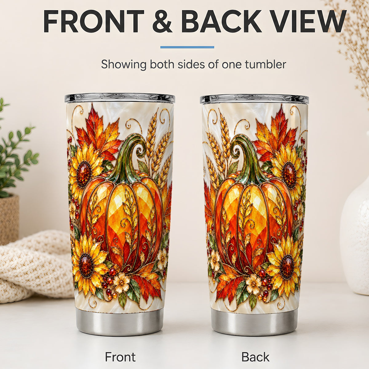 #pl[20oz|Steel] Autumn Pumpkin Sunflower 20oz Tumbler, Stained Glass Style Art