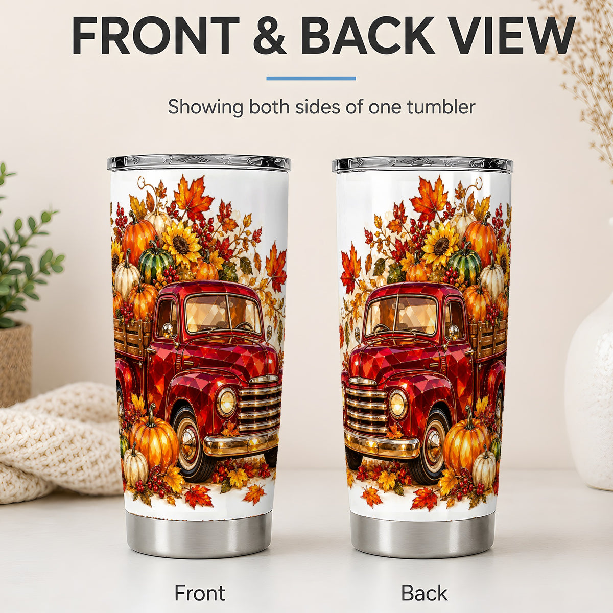 #pl[20oz|Steel] Autumn Harvest Red Truck 20oz Tumbler, Pumpkin Fall Artwork