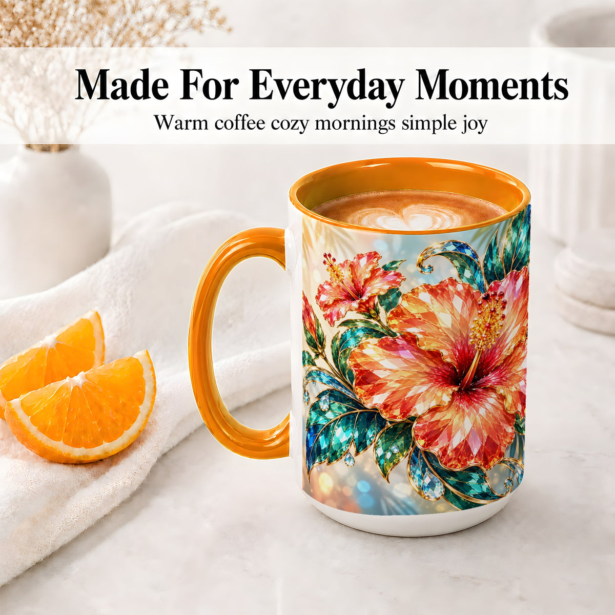 #pl[15oz|Orange] Jeweled Hibiscus Tropical Floral Ceramic Mug for Flower Lovers