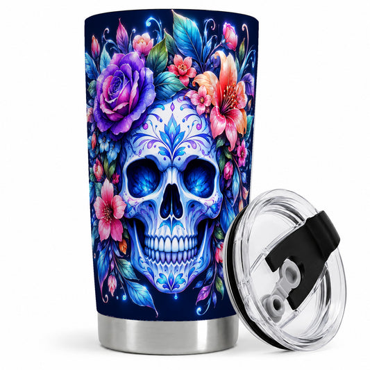 Blue Floral Skull 20oz Tumbler, Colorful Botanical Gothic Art