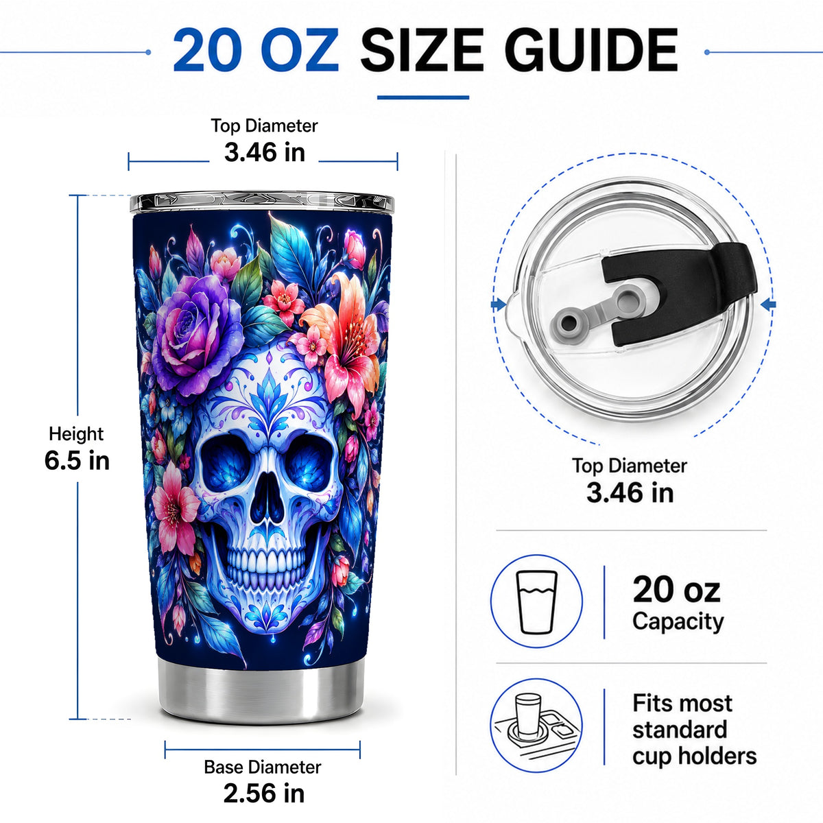 #pl[20oz|Steel] Blue Floral Skull 20oz Tumbler, Colorful Botanical Gothic Art