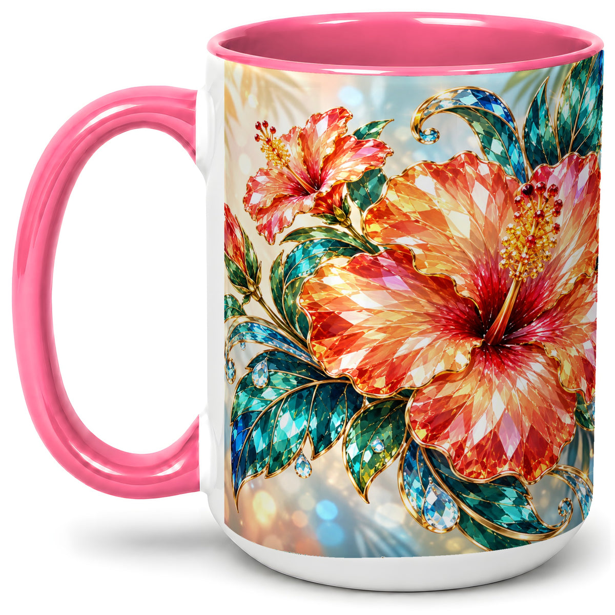 #pl[15oz|Pink] Jeweled Hibiscus Tropical Floral Ceramic Mug for Flower Lovers